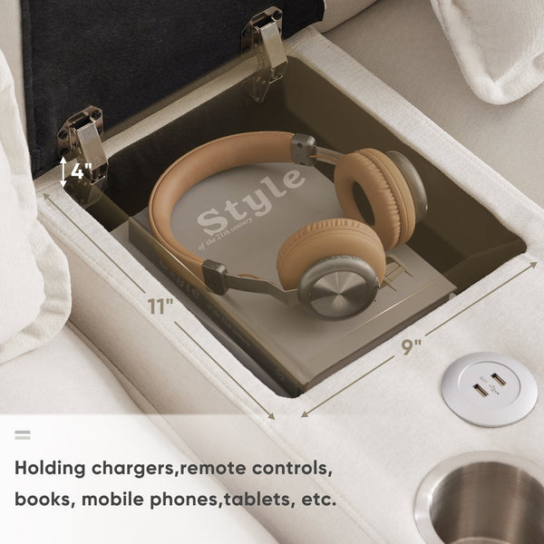 English Elm 123*55" Modern U-shaped Sofa with Console and Cupholders, USB Ports, Storage, Plush Chaise Luxury White GS008804AAA