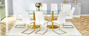 English Elm Table and Chair Set 8 Seater Tempered Glass Top with Pu Leather Dining Room Furniture Gold,Transparent,White W1151S04565