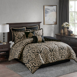 English Elm 8PCS Queen Jacquard Comforter Set with Damask Stria Texture, Embroidered Decorative Pillows & Bedskirt Black 23.62 L x 19.29 W x 11.02 H B035P341091
