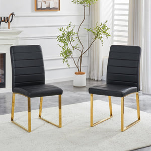 English Elm 2-pack Pu Leather Dining Chairs with Iron Legs and Foam Cushion for Home or Office Black+Gold W2920P294520