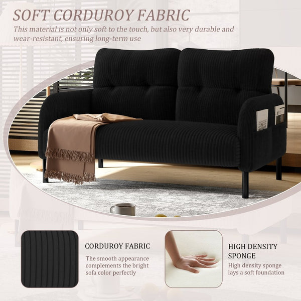 English Elm United We Win Corduroy Two Seat Sofa with Lumbar Support and Built in Storage Pockets Black W1568P386171