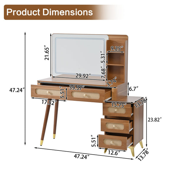 English Elm 47''Vintage Elegant Makeup Vanity with Lights and Mirror, 5-Drawer Rattan Design, Solid Wood Craftsmanship Walnut 46 L x 27 W x 8 H N733P337468M