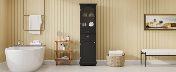 English Elm 63" Tall Bathroom Vanity Cabinet with Glass Doors, Two Drawers and Adjustable Shelves for Stylish Storage Black N729P171305B