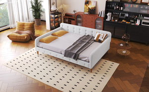 English Elm Full Size Linen Tufted Daybed with Pine Frame for Living or Guest Room Beige DL001825AAK-1