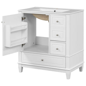 English Elm Christopher Knight Home® - 30" Freestanding Bathroom Vanity with Ceramic Sink, Soft-Close Door, Gold Knobs & 3 Drawers, Durable Painted Finish White N759P225994K