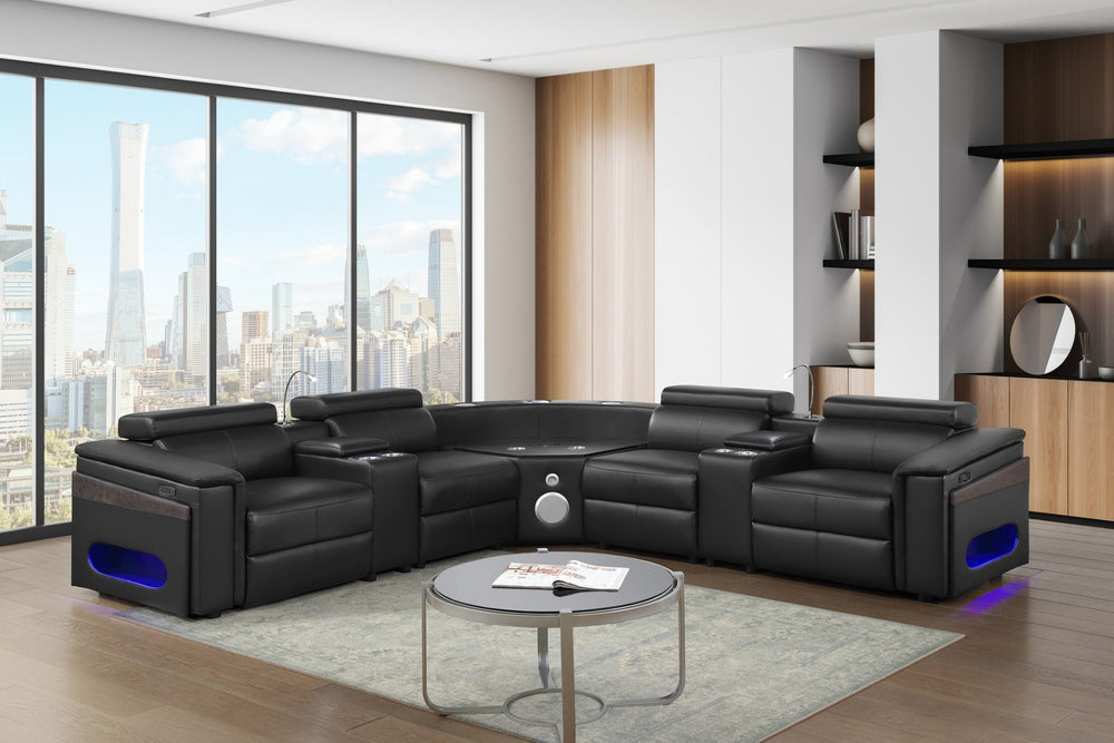 English Elm Nova Tech Sectional with Led Bar Bluetooth Speakers Power Recliners and Freezer Console Black B009S02165