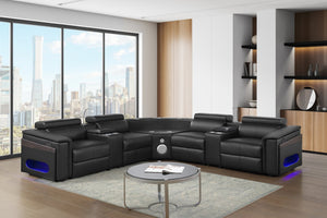 English Elm Nova Tech Sectional with Led Bar Bluetooth Speakers Power Recliners and Freezer Console Black B009S02165