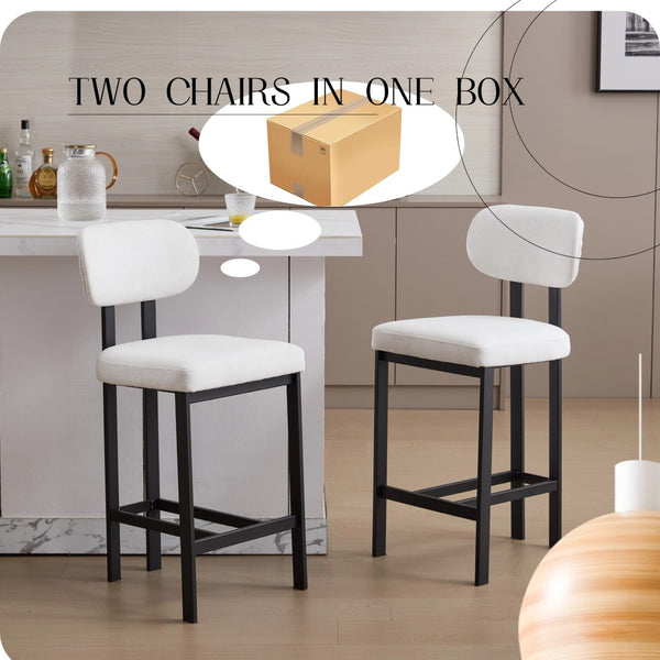 English Elm Bar Stools Set of 2 Upholstered Fabric Seat with Foam Cushion Black Metal Legs Cream W3244P310202