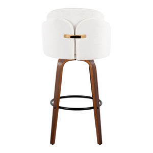 English Elm Fixed-height Mid-century Barstools with Walnut Legs and Grey Upholstered Seats Set Cream B202S01905