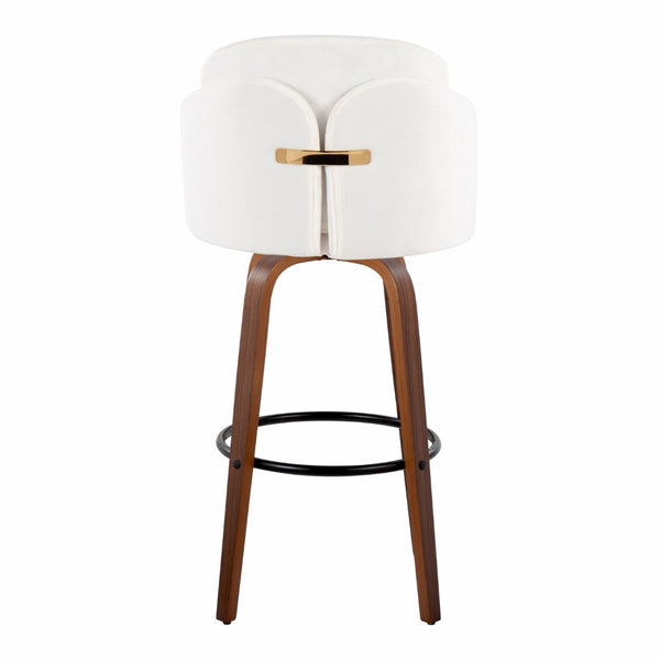 English Elm Fixed-height Mid-century Barstools with Walnut Legs and Grey Upholstered Seats Set Cream B202S01905