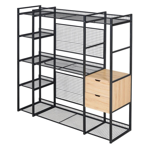 English Elm Open-Style Wardrobe Storage System with Heavy-Duty Metal Frame, Rails, Shelves & Drawers - Sleek Durable Design for Organized Living Black SF000087AAB