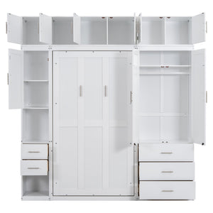 English Elm Twin Murphy Bed with Lockers & Wardrobes White — Space-Saving Foldaway Cabinet Bed w/ Shelves, Drawers and Video Guide GX000391AAK