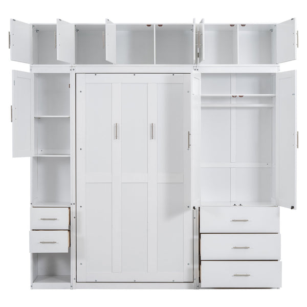 English Elm Twin Murphy Bed with Lockers & Wardrobes White — Space-Saving Foldaway Cabinet Bed w/ Shelves, Drawers and Video Guide GX000391AAK