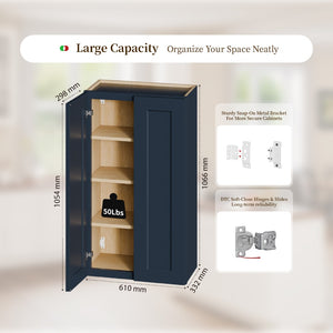 English Elm Navy Shaker Wall Cabinet Solid Wood Double Door with Soft Close Kitchen Bath Storage T2950P490379