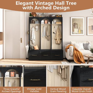 English Elm Farmhouse Hall Tree with Arched Panels Bench Drawers and Hooks for Mudroom Entryway Black W5271S00005