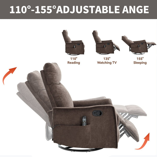 English Elm Heat Massage Rocker Swivel Recliner Fabric Chair with Lumbar Therapy for Living Room Brown W1803P362305