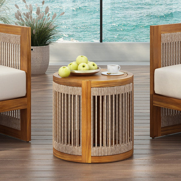 English Elm Christopher Knight Home® - 16.9" Acacia Wood Outdoor Side Table Teak — Handwoven Rope, Slatted Boho Design, Weather-Resistant Finish N767P314934A