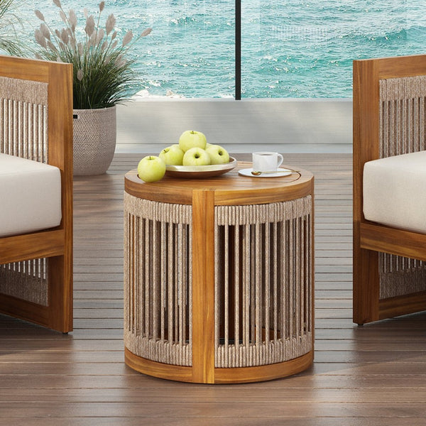 English Elm 16.9" Acacia Hardwood Outdoor Side Table with Handwoven Rope Base Boho Patio Accent N767P372781A