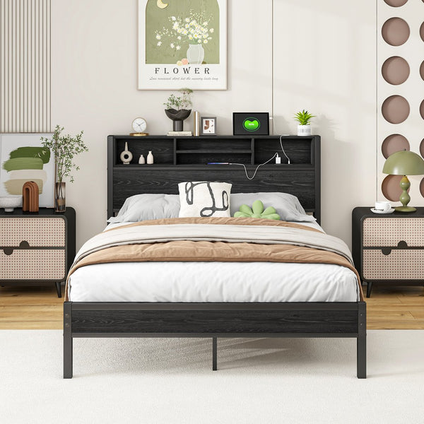 English Elm Full Size Bed Frame with Storage Headboard, Metal Platform with Charging Station, Silent, Sturdy, Black Storage Shelves and Under-Bed Space W840P241043