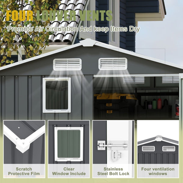 English Elm 6x8ft Outdoor Steel Storage Shed Lockable Vented Galvanized Metal Garden Backyard Tool Unit Dark Gray W1598P361333