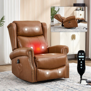 English Elm Heat Massage Swivel Rocker Recliner in Genuine Leather for Living Room Comfort W3224S00015