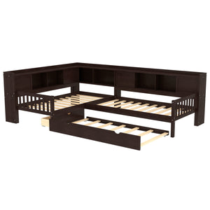 English Elm L-shaped Twin Platform Bed with Trundle, Solid Wood Corner Sleeper with Drawers, Shelves, No Box Spring Needed Espresso W1580S00261