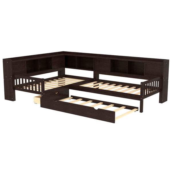 English Elm L-shaped Twin Platform Bed with Trundle, Solid Wood Corner Sleeper with Drawers, Shelves, No Box Spring Needed Espresso W1580S00261