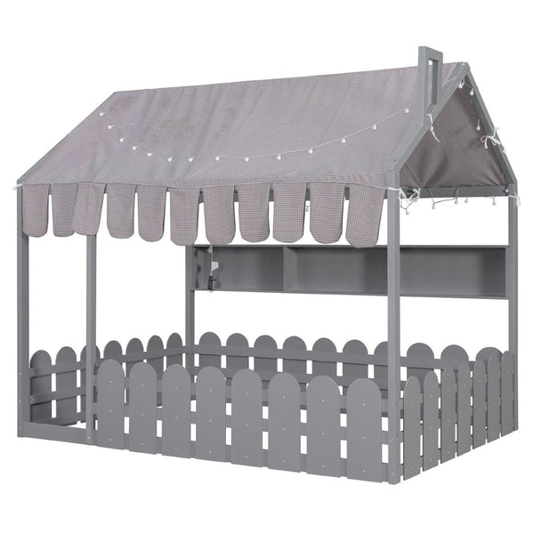English Elm {slats Are Not Included} Twin Montessori House Floor Bed Kids Tent Lights Shelves Pinewood Frame Gray N708P407963E