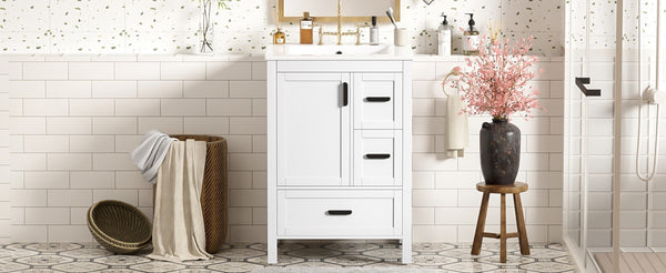 English Elm Modern 24 Inch Bathroom Vanity Solid Wood Cabinet with Ceramic Sink and Soft Close Storage White N729P292859K