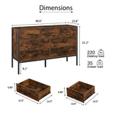 English Elm Wood Dresser With 7 Drawers, Wooden Storage Closet For Bedroom, Solid Clothes Cabinet With Sturdy Steel Frame, 48.58"W×15.75"D×31.22"H, 48 Inch, Rustic Brown