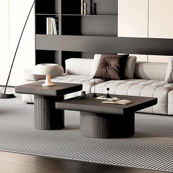 English Elm Modern Parquet Wood Nesting Coffee Tables Sculptural Fluted Pedestal Living Room Set Black W1435S00031