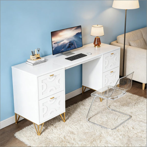 English Elm Stylish White Mdf Computer Desk with Gold Legs Four Drawers for Home Office T3971P449545