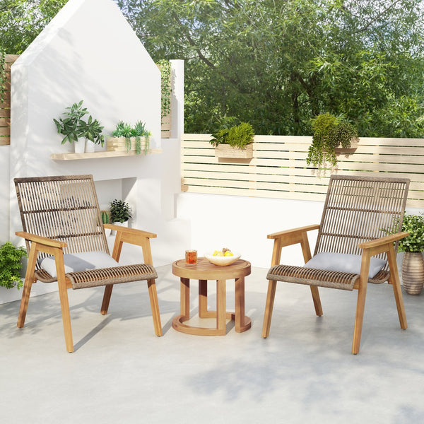English Elm Christopher Knight Home® - Outdoor Acacia Wood 3-Piece Lounge Set with Teak Finish, Natural Wicker & Light Gray Cushions — Cozy, Durable Patio Ensemble for Deck, Yard, Garden (Chic Modern Design) N780P7316506