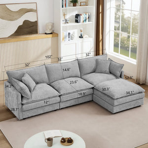 English Elm Modular L-Shaped Sectional Sofa, 102" Grey Chenille Couch With Removable Ottoman For Cozy Living Spaces W1359S00031