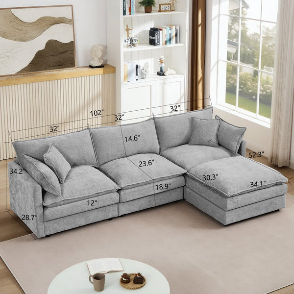 English Elm Modular L-Shaped Sectional Sofa, 102" Grey Chenille Couch With Removable Ottoman For Cozy Living Spaces W1359S00031