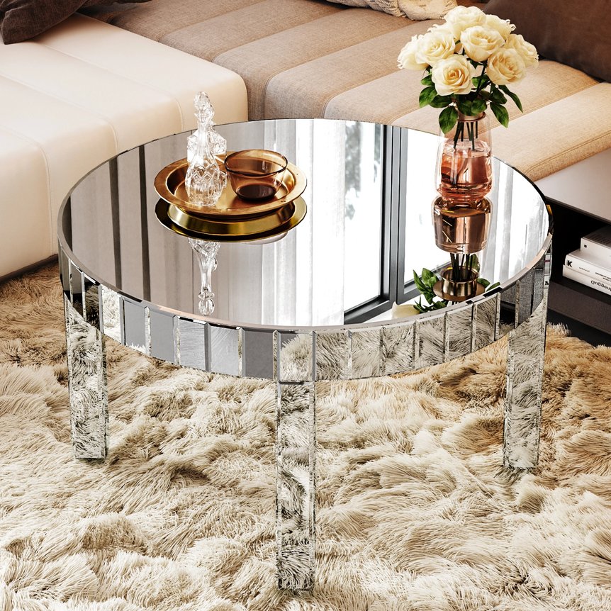 English Elm Dazzling Mirror Round Coffee Table with Fluted Diamond Tiles, 31.5" Luxe Accent Table for Living Room Comfort and Style W1445P299047