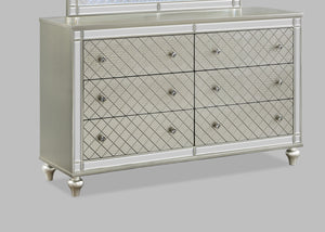 English Elm 1pc Glam 5-Drawer Bedroom Chest with Mirrored Accents Crosshatch Drawer Fronts Champagne Finish Silver 65.75 L x 21.75 W x 38.25 H B2741P367218