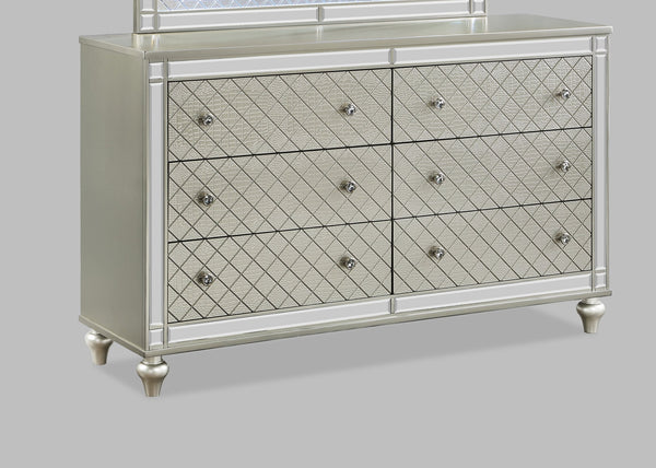 English Elm 1pc Glam 5-Drawer Bedroom Chest with Mirrored Accents Crosshatch Drawer Fronts Champagne Finish Silver 65.75 L x 21.75 W x 38.25 H B2741P367218