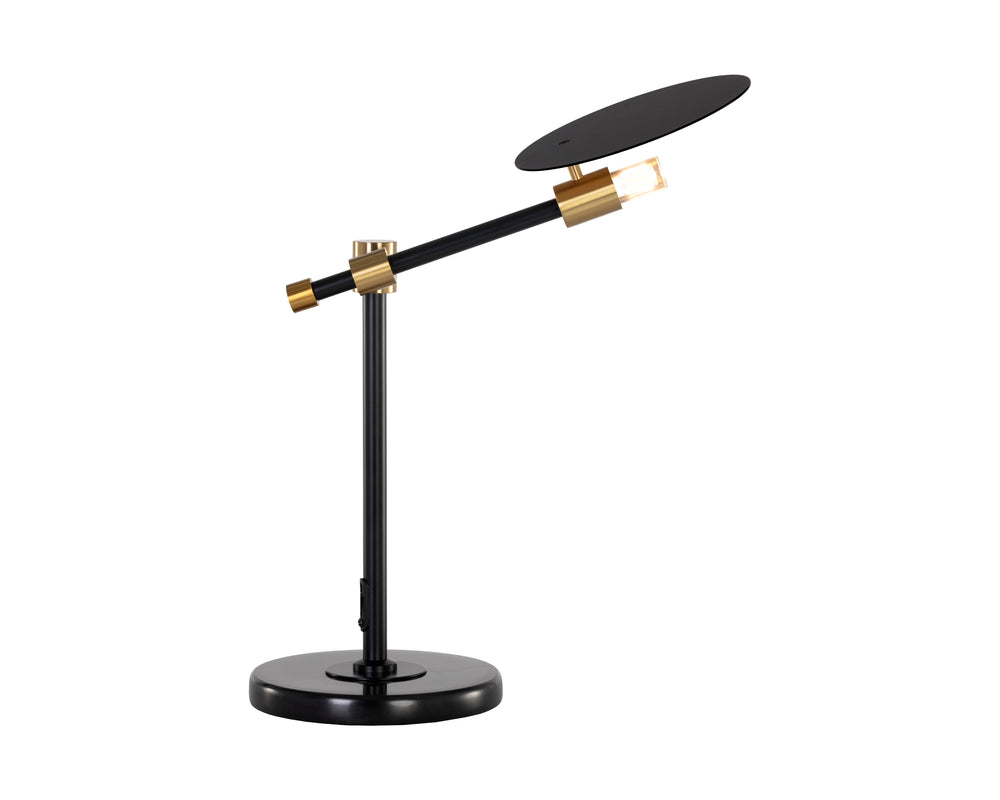 Sunpan Neela Table Lamp - Modern Black Disc Design with Brass Accents & Unique Marble Base for Elegance