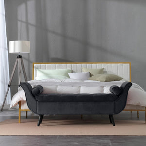 English Elm Vintage Velvet Tufted Storage Bench Mid Century Button Seat Entryway Bedroom Footstool Black+ Gray W2795P428652