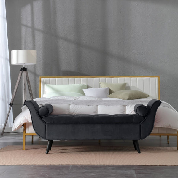 English Elm Vintage Velvet Tufted Storage Bench Mid Century Button Seat Entryway Bedroom Footstool Black+ Gray W2795P428652