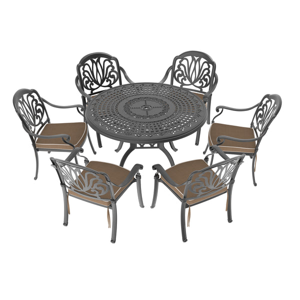 English Elm 7-Piece Cast Aluminum Patio Furniture Set With Plush Brown Cushions For Stylish Outdoor Dining W1710S00486