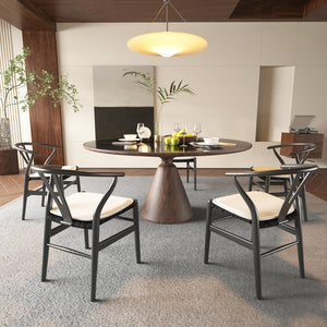 English Elm Wishbone Ergonomic Dining Chair in Beech Wood with Curved Armrest, Weave Seat & Removable Cushion Black W2812P194709