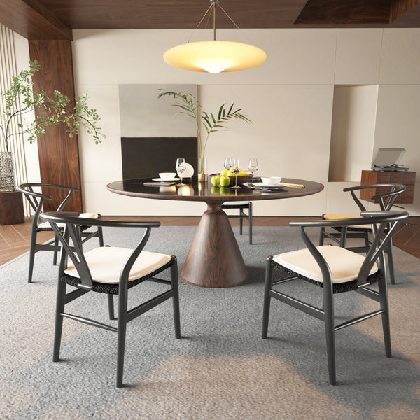 English Elm Wishbone Ergonomic Dining Chair in Beech Wood with Curved Armrest, Weave Seat & Removable Cushion Black W2812P194709