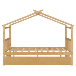 English Elm Full Size House Bed Solid Pinewood Frame with Pull Out Twin Trundle for Kids Natural LP000305AAM-1