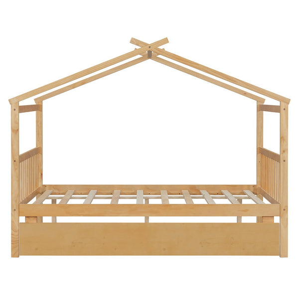 English Elm Full Size House Bed Solid Pinewood Frame with Pull Out Twin Trundle for Kids Natural LP000305AAM-1
