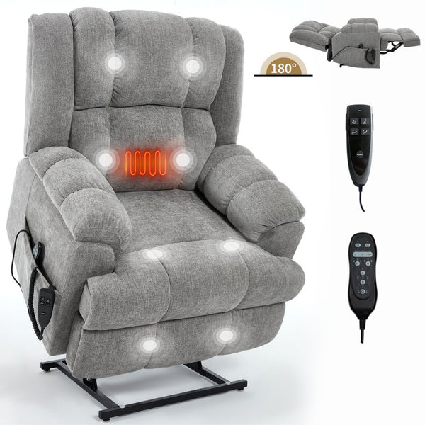 English Elm Dual Motor Power Lift Recliner Chenille Chair with Massage Heat and Infinite Positions Light Gray W3224P288433