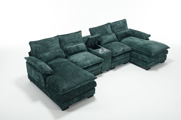 English Elm Modern U-Shaped Sofa With Console, Usb Ports & Cupholders – 6-Seat Chenille Sleeper Couch In Green W2100S00279