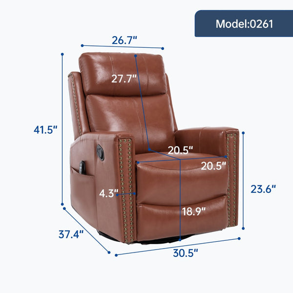 English Elm Red Genuine Leather Swivel Rocker Recliner with Massage Heat for Living Room W1803P323709