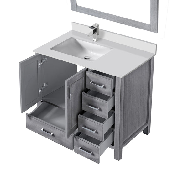 English Elm Distressed Grey Bath Vanity Set With Left Offset Cultured Marble Top, Mirror & Faucet Included! B2731S01332